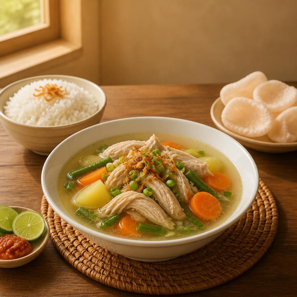 Soto Ayam Banjar Te Sate dengan kuah gurih dan suwiran ayam khas Banjar